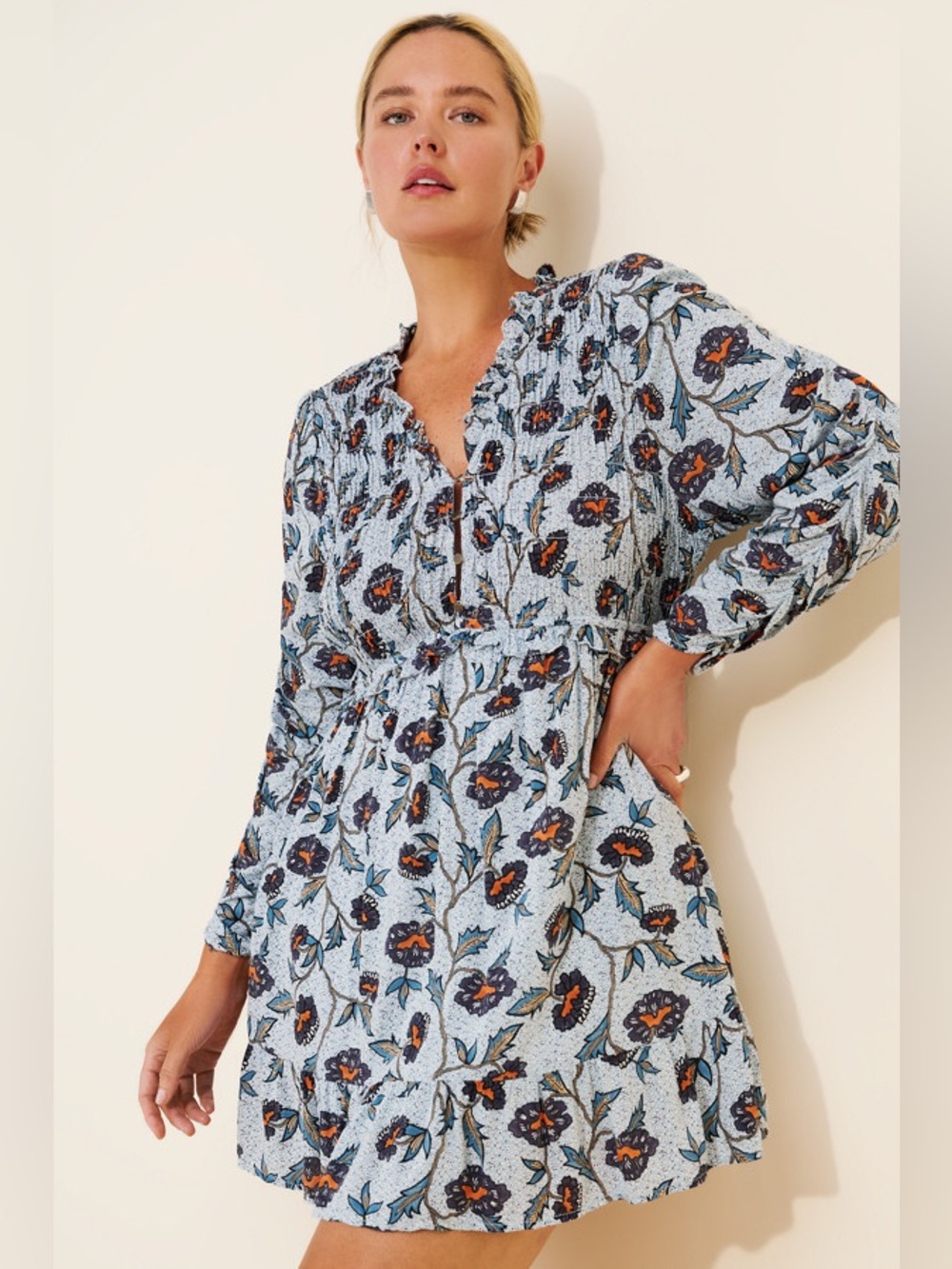 Anthropologie Long-Sleeve V-Neck Ruffle Mini Dress in Neutral Pattern, NWT, Sz L